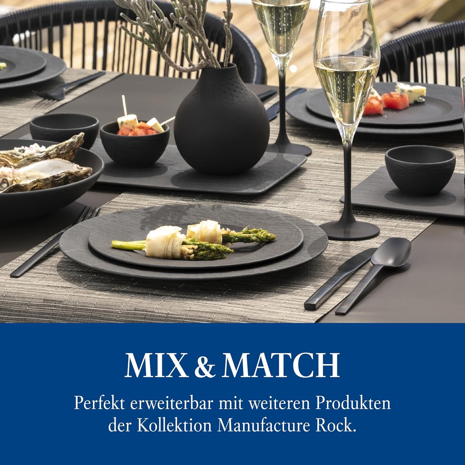 Villeroy & Boch Manufacture Rock Starter Set, 6 piezas, negro, apto para lavavajillas y microondas, vajilla negra mate, vajilla, cubiertos, porcelana premium