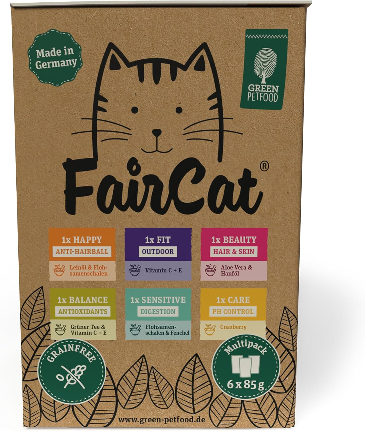 Paquete múltiple Green Petfood FairCat (6 x 85 g) | Adulto | Comida húmeda premium para gatos grandes 6 versiones diferentes Sorten im Multipack | getreidefrei | Katzenfutter nas | paquete de 6