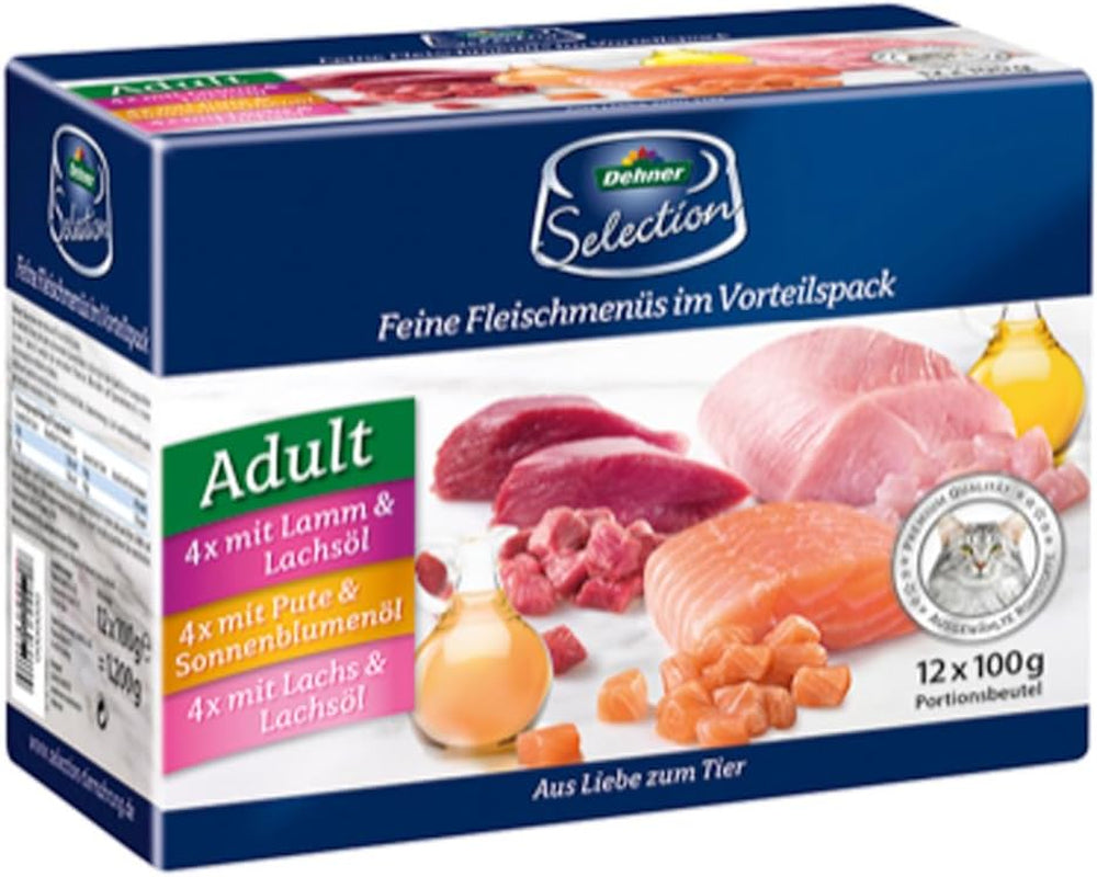 Dehner Premium Comida húmeda para gatos, paquete múltiple, gatos adultos, 4 piezas cada una: cordero/pavo/salmón, 12 bolsas x 100 g (1,2 kg)