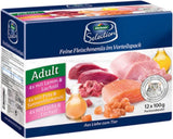 Dehner Premium Comida húmeda para gatos, paquete múltiple, gatos adultos, 4 piezas cada una: cordero/pavo/salmón, 12 bolsas x 100 g (1,2 kg)