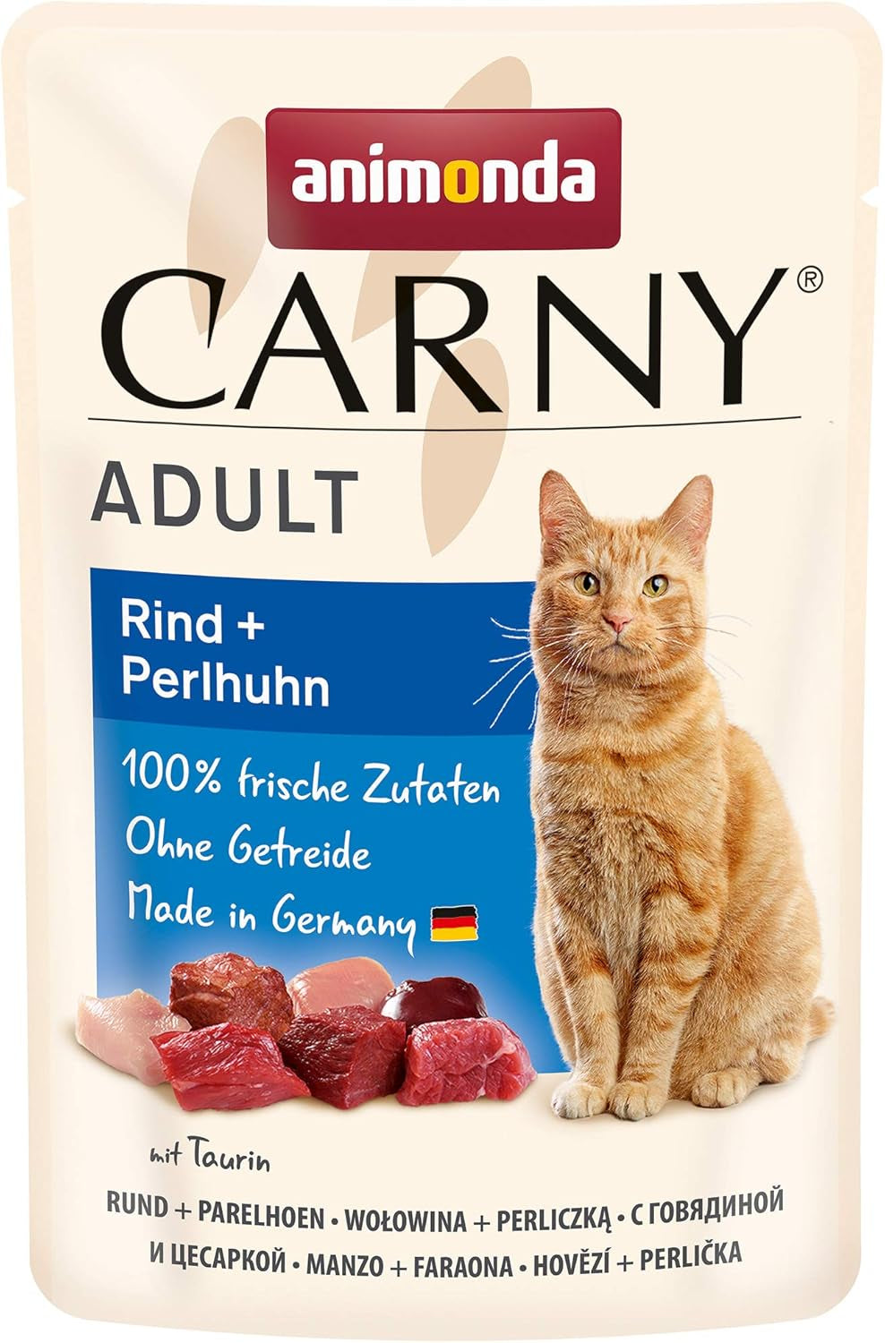 Animonda Carny Comida húmeda para gatos con ternera y pintada, 12 sobres (12 x 85 g), comida húmeda sin cereales ni azúcar con ingredientes cárnicos frescos