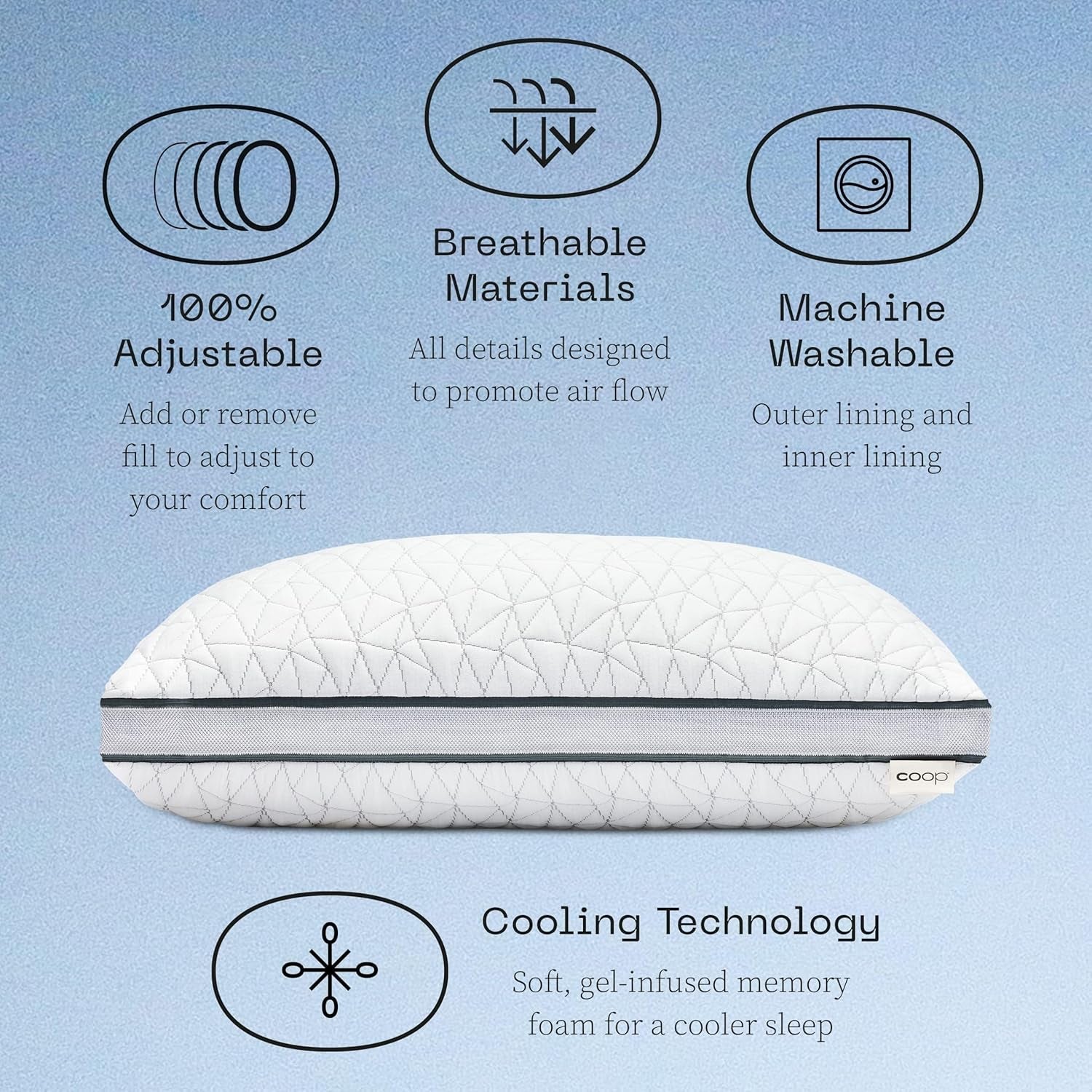 Coop Home Goods Eden Cool Almohada ajustable Tamaño King Espuma viscoelástica con gel ajustable Tejido Lulltra suave y transpirable Ideal para todos los que duermen Respetuoso con el medio ambiente Almohadas estándar Naty Shop