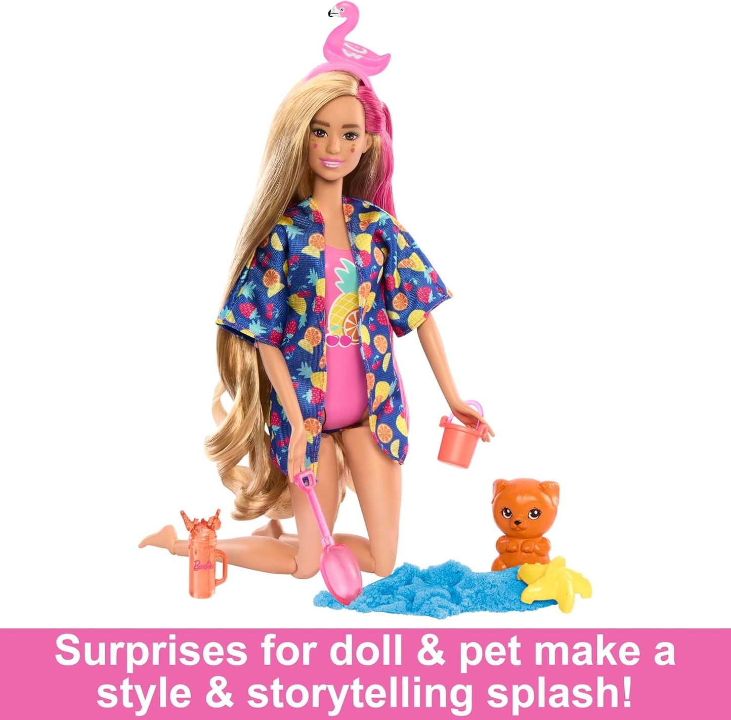 BARBIE Pop Reveal Rise & Surprise Set de regalo: más de 15 sorpresas, incluida 1 muñeca Barbie, accesorios de playa para diversión lúdica y frutal para niños de 3 años en adelante, HRK57