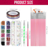 FANDAMEI Juego de Pinceles para decoración de uñas, Pinceles para uñas de Gel de 15 Piezas, bolígrafos de Puntos de 5 Piezas, Cintas de Cinta de 10 Rollos, Puntas de Strasssteine ​​​​Nägel, Paillettes Ultra Dünn para Manicura de Arte de uñas