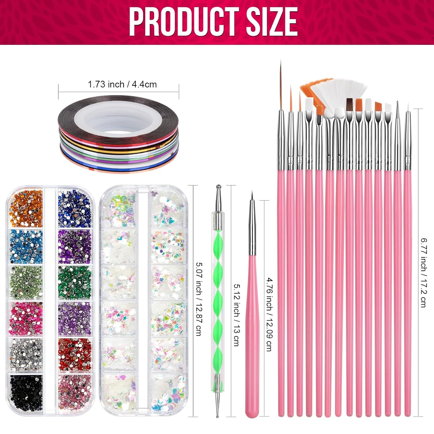 FANDAMEI Juego de Pinceles para decoración de uñas, Pinceles para uñas de Gel de 15 Piezas, bolígrafos de Puntos de 5 Piezas, Cintas de Cinta de 10 Rollos, Puntas de Strasssteine ​​​​Nägel, Paillettes Ultra Dünn para Manicura de Arte de uñas