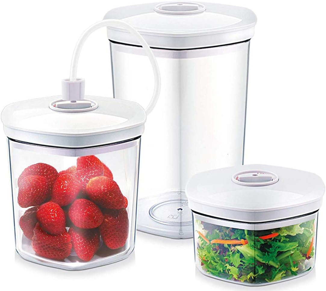 Caso VacuBoxx E-Set - 4 recipientes al vacío cuadrados extremadamente estables y juego de recipientes al vacío, recipientes irrompibles y aptos para lavavajillas, 3 recipientes al vacío para alimentos y líquidos sensibles a la presión Cajas de conservación de alimentos Naty Shop