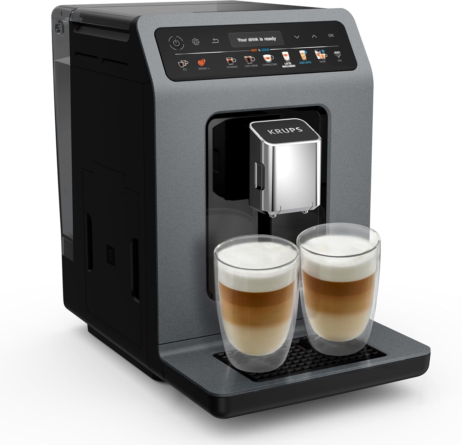 KRUPS Evidence One Cafetera espresso automática con manguera para leche, capuchino de un toque, 12 bebidas especiales, función de 2 tazas, pantalla a color, cafetera espresso, certificado TÜV, negra, EA895N10