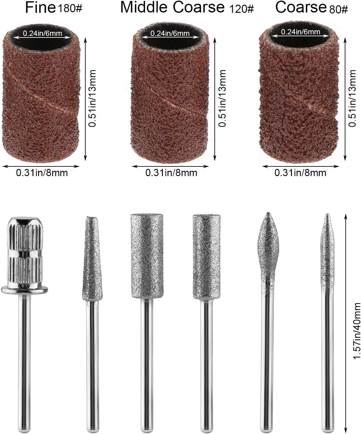 MWOOT Brocas de Diamante para Limas de Uñas Eléctricas con Mangas de Esmerilado Bandas de Esmerilado Brocas para Uñas Accesorios para Uñas Artificiales Removedor de Cutículas