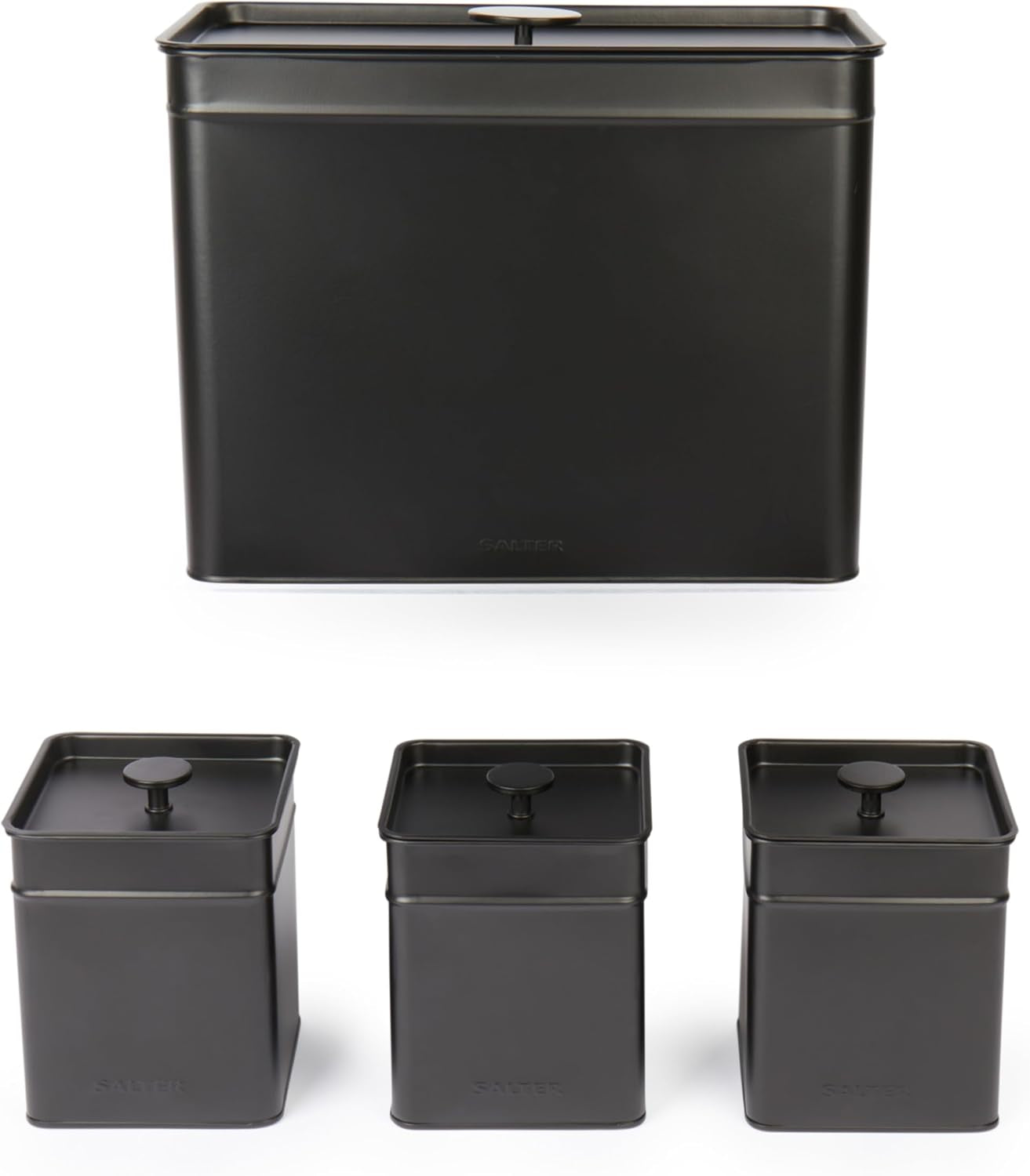 Salter BW12614EU7 Kuro Cajas de Almacenamiento - 4 Recipientes de Cocina Cajas Organizadoras Cuadradas para Pan/Té/Café/Azúcar Fácil de Limpiar Mantiene los Alimentos Frescos Negro Cajas de Almacenamiento de Alimentos Naty Shop