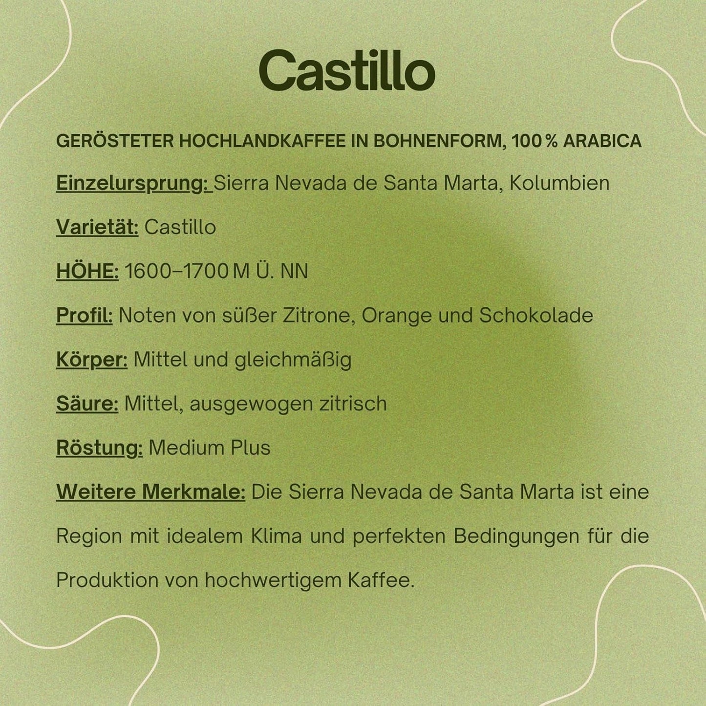 Spezialitätenkaffee Bohnen 100% Arábica Natural Mittlere Röstung Gewaschener Prozess Zitrus Schokolade Karamell Schattenanbau Sierra Nevada (250 g, Castillo)