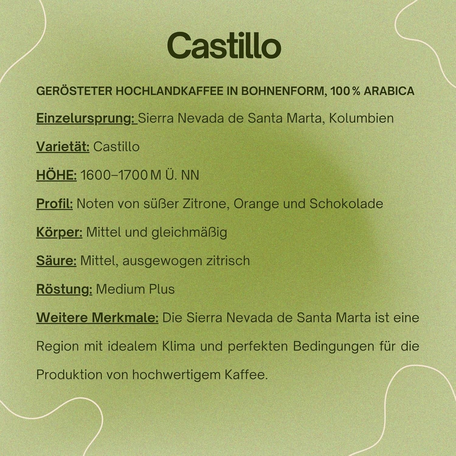 Spezialitätenkaffee Bohnen 100% Arábica Natural Mittlere Röstung Gewaschener Prozess Zitrus Schokolade Karamell Schattenanbau Sierra Nevada (250 g, Castillo)