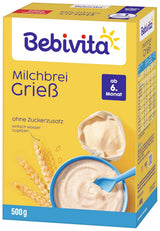 Papilla de sémola con leche (4 x 500 g), alimento para bebés a partir de 6 meses, sin azúcares añadidos, con valiosos minerales y vitaminas, muy saciante