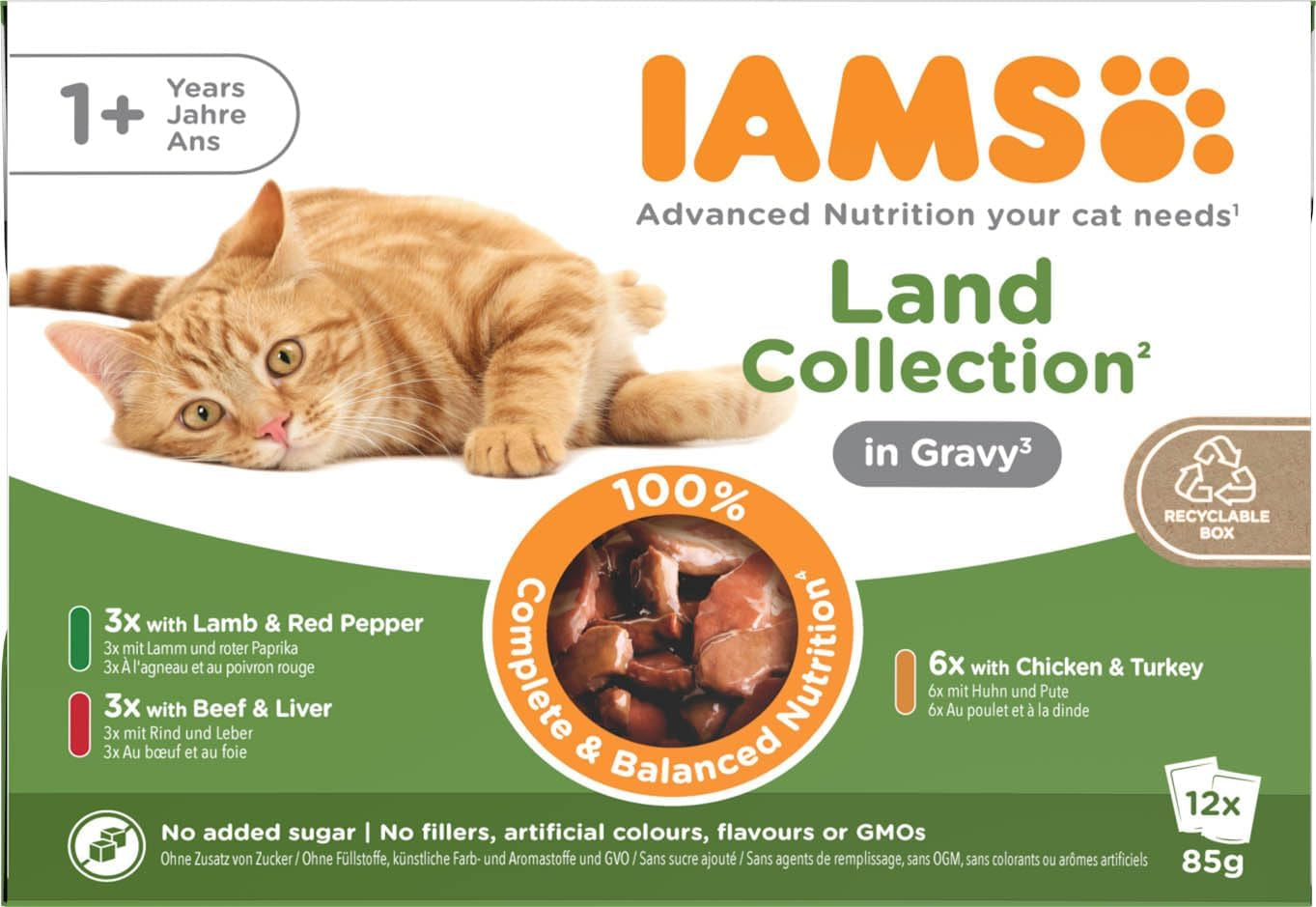 IAMS Delights Land Collection Comida húmeda para gatos - Multi-pack con variedades de carnes (cordero, ternera, pollo y pavo) en salsa, comida húmeda para gatos a partir de 1 año, 12 x 85g