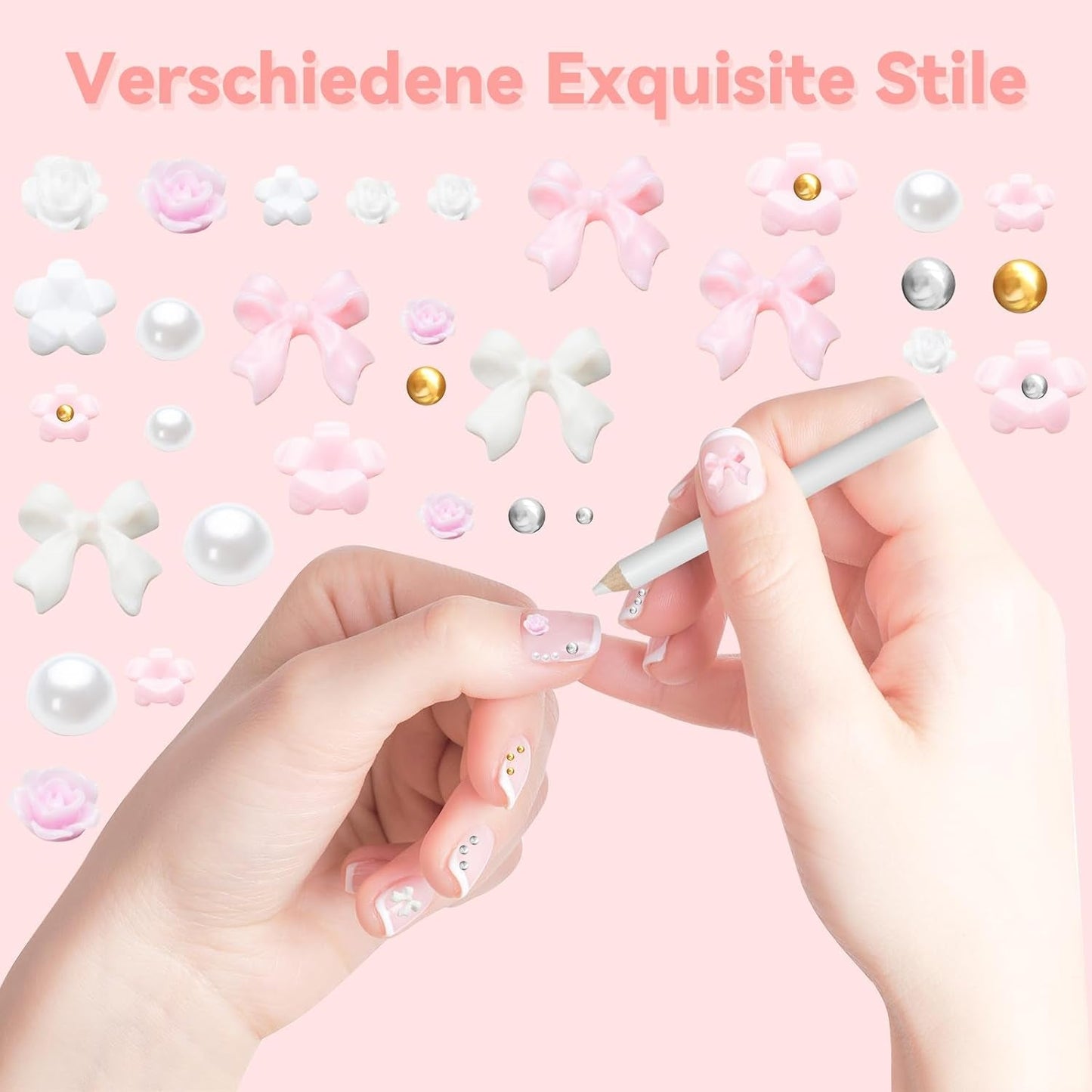 Amuletos de uñas 3D, Amuletos de arte de uñas Schleifen, Blumen Und Perlen, Nagel Charms Aus Harz, Nageldekorations Sets, DIY Charms Nägel, Nagelanhänger