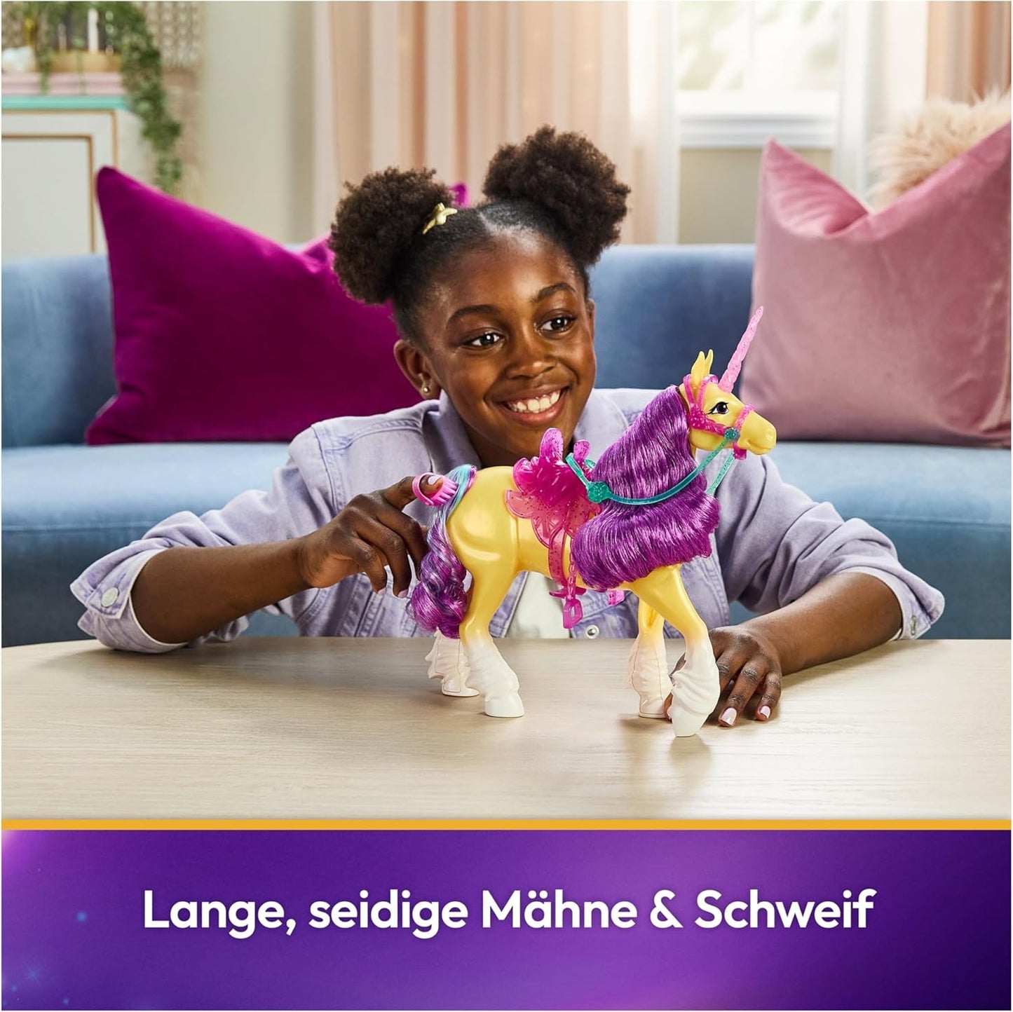 Unicorn Leaf Unicorn Academy: unicornio Ava original de 28 cm de altura de la serie Netflix con melena y cola reales, brida, silla y cepillo extraíbles, para niños a partir de 4 años