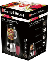 Russell Hobbs Batidora con base 2 en 1 [batidora con vaso de vidrio de 1,5 l y mini batidora de 0,6 l - To-Go-Trinkflasche Inkl. Deckel] Spülmaschinenfest, Función Impuls-/Ice-Crush, Becher BPA Frei, Edelstahl 23821-56 Cocina Naty Shop