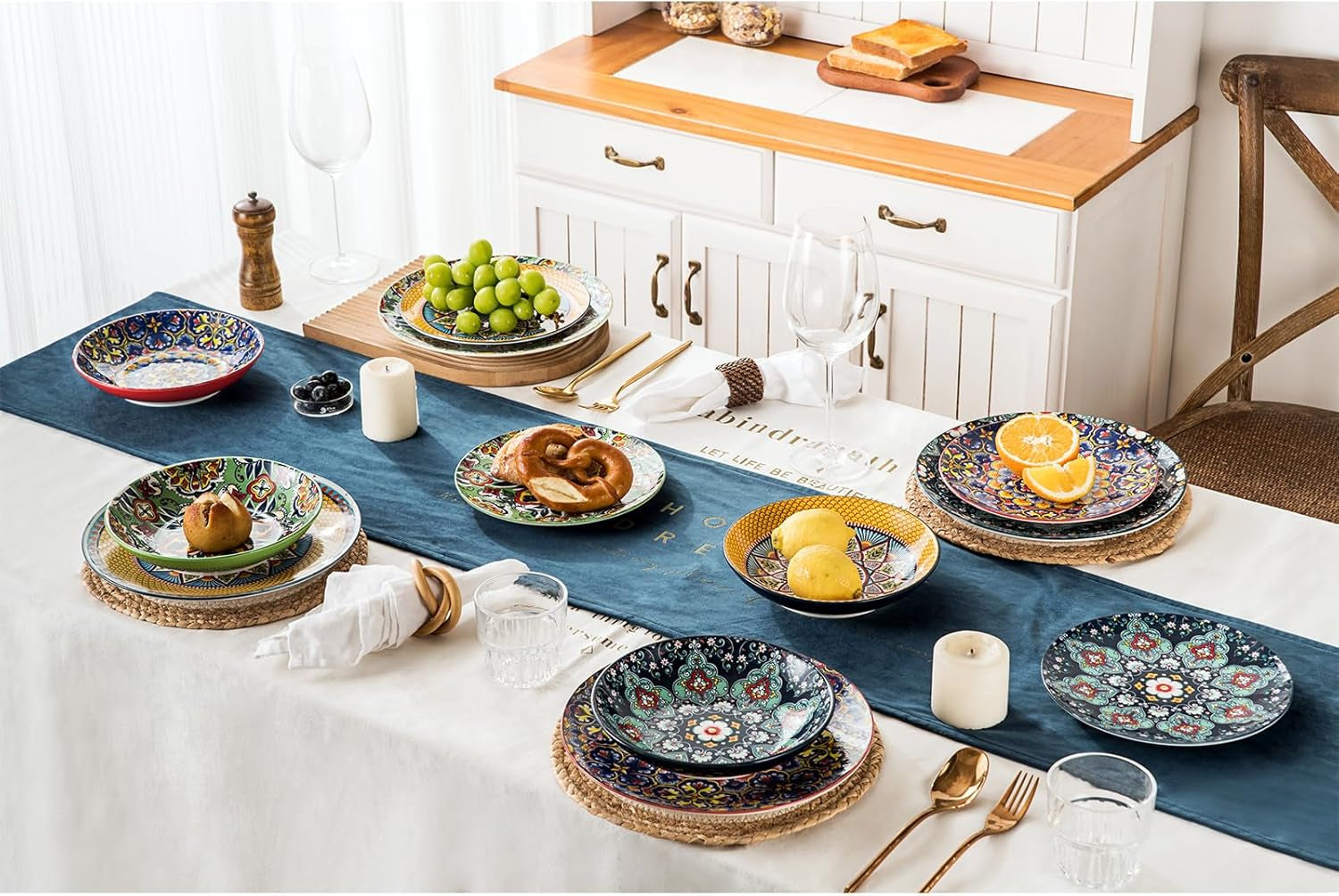 HENXFEN LEAD Vajilla de Porcelana, Vajilla de 12 Piezas para 4, Vajilla Colorida para 4 - Platos Pintados a Mano, Platos de Postre, Platos de Sopa - Estilo Bohemio