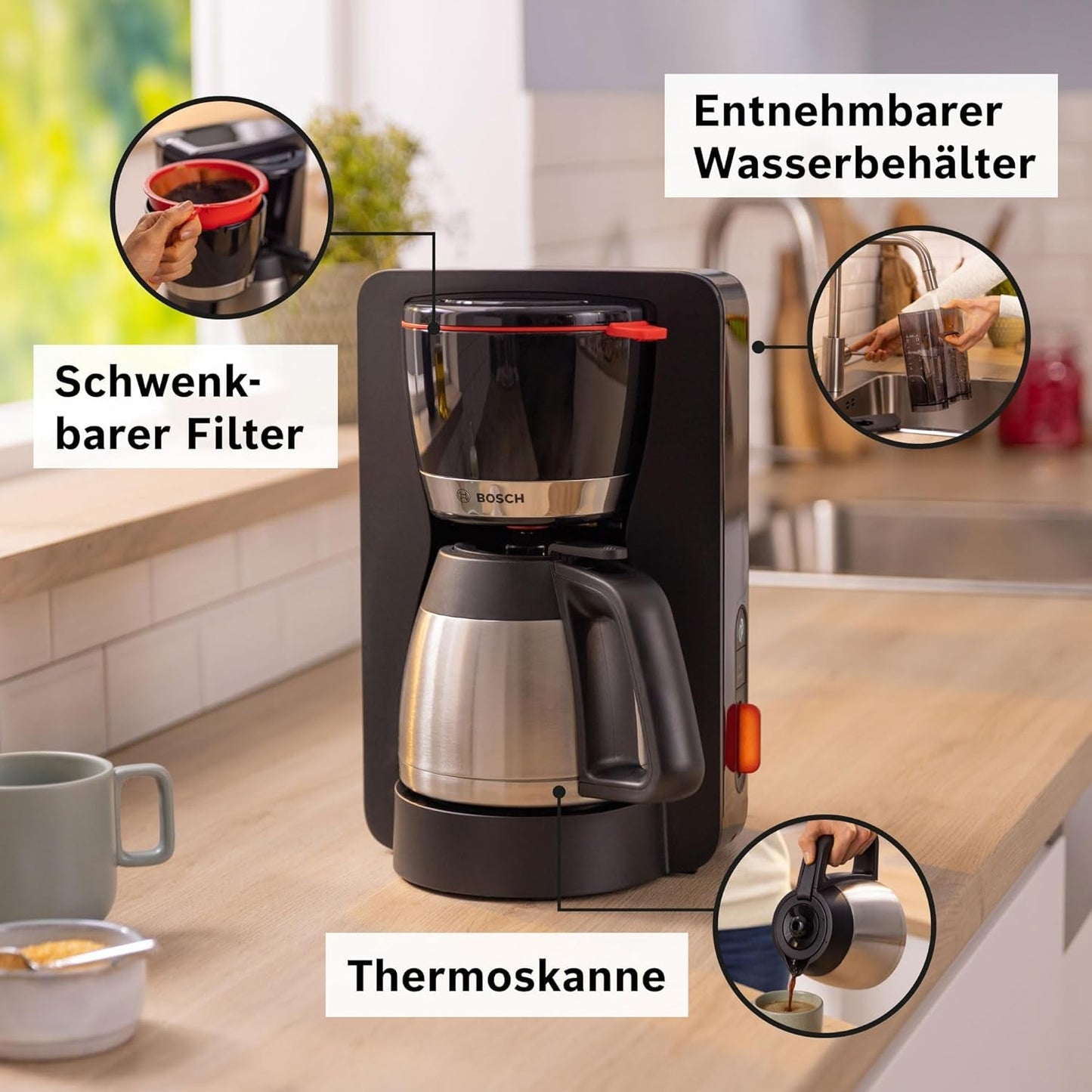 Bosch MyMoment TKA6M273 Cafetera espresso con filtro, jarra térmica de 1 litro, 8-12 tazas, sistema antigoteo, portafiltro giratorio, programa de descalcificación, depósito de agua extraíble, 1200 W, negro mate
