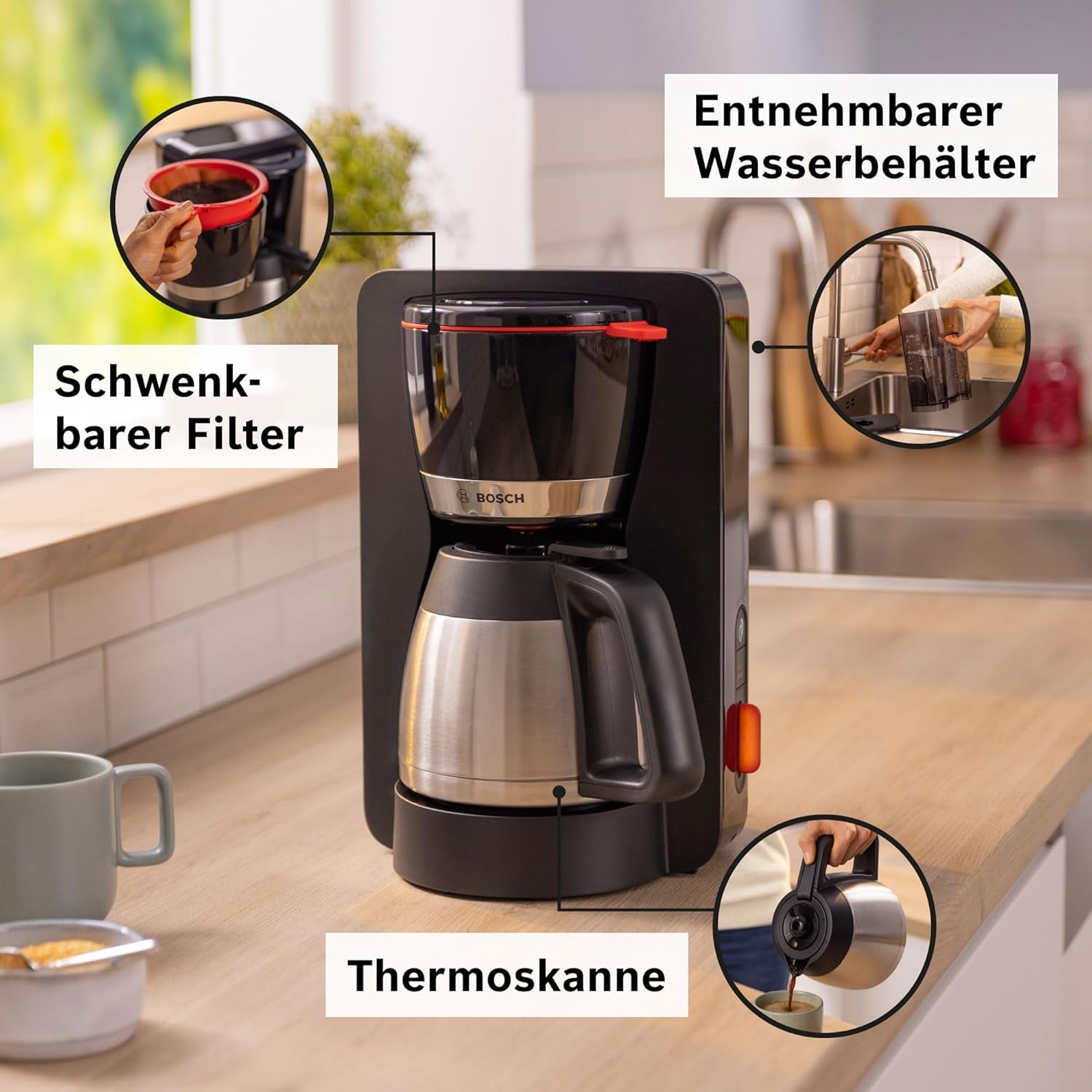 Bosch MyMoment TKA6M273 Cafetera espresso con filtro, jarra térmica de 1 litro, 8-12 tazas, sistema antigoteo, portafiltro giratorio, programa de descalcificación, depósito de agua extraíble, 1200 W, negro mate
