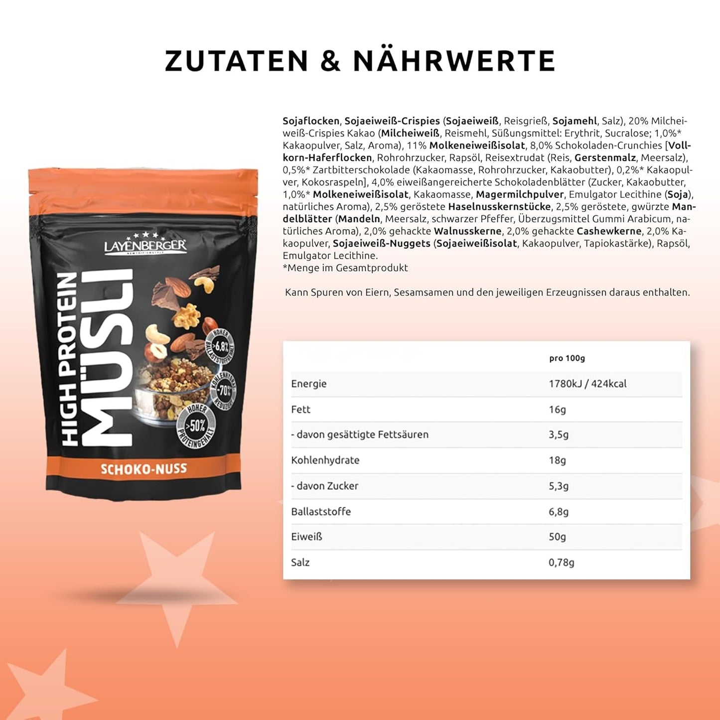 Layenberger Muesli 3K rico en proteínas, 50% Eiweiß y 18% Kohlenhidrato - Paquete individual (1X 390 G) - Schoko-Nuss Cereale Naty Shop