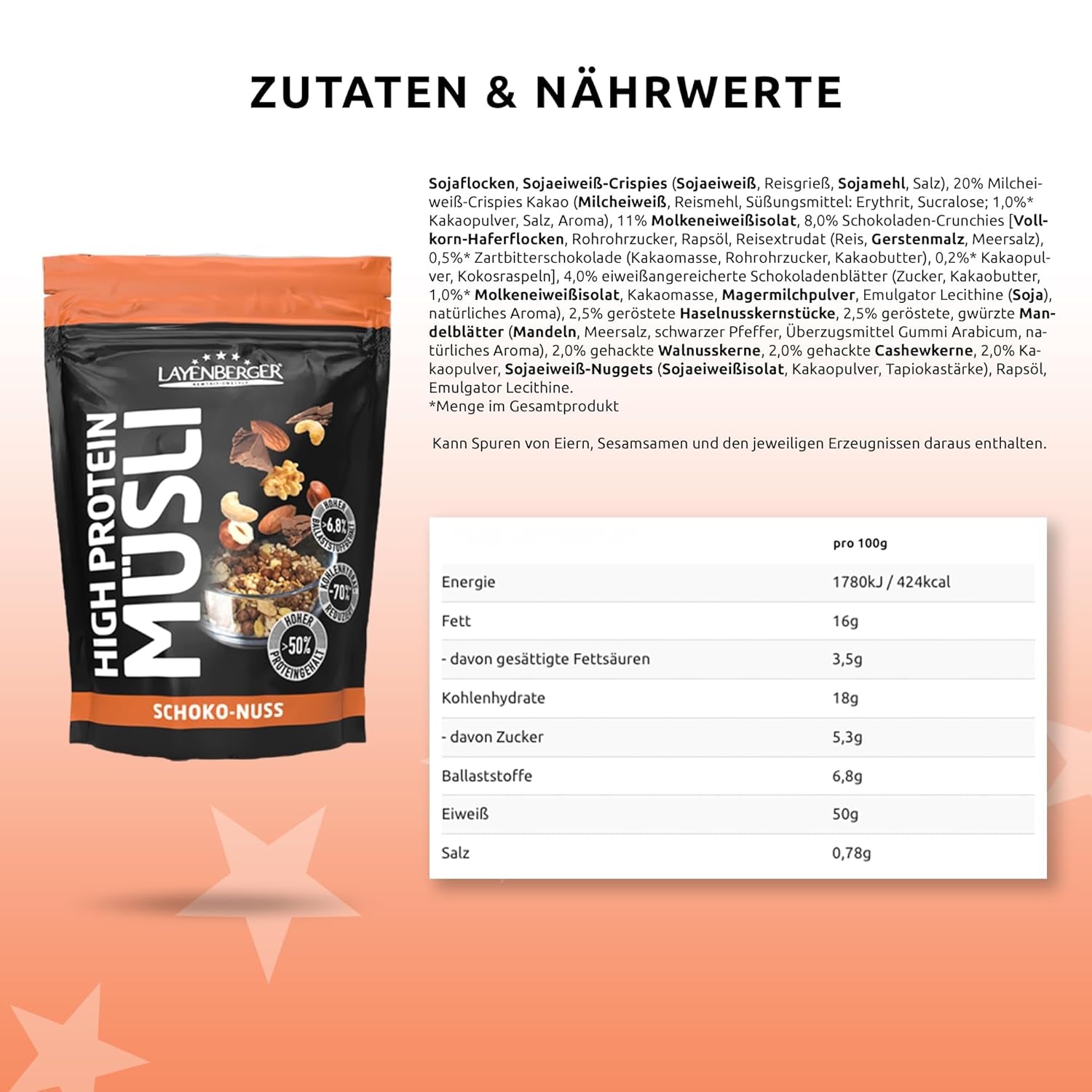 Layenberger Muesli 3K rico en proteínas, 50% Eiweiß y 18% Kohlenhidrato - Paquete individual (1X 390 G) - Schoko-Nuss Cereale Naty Shop