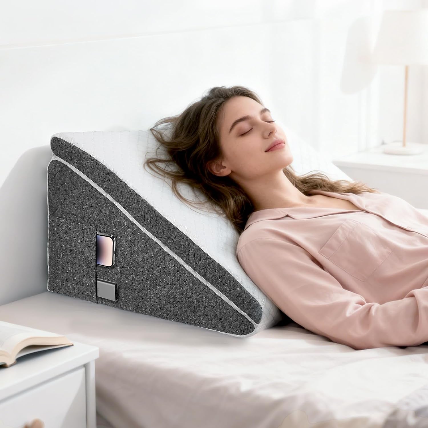 Almohada de plumas para cama y sofá, L50xW50xH26 Almohada de lectura doble con funda lavable, viscoelástica, para roncar y para mayor comodidad en la zona del cuello y la espalda