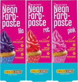 Decocino Juego de colorantes alimentarios de neón - 3 piezas - Rojo, rosa, morado - Colorante alimentario en dosis altas - Para colorear pasteles, muffins y cupcakes - Sin sabor