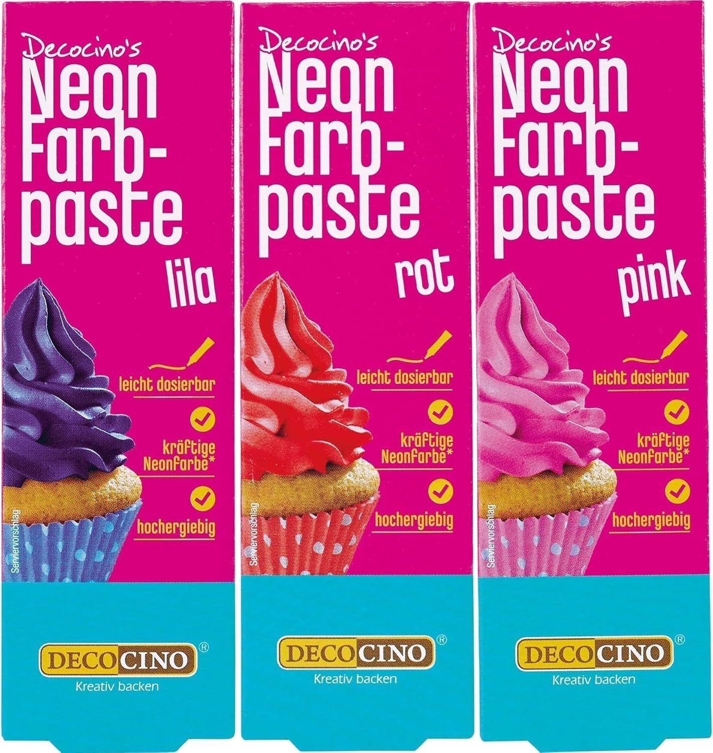 Decocino Juego de colorantes alimentarios de neón - 3 piezas - Rojo, rosa, morado - Colorante alimentario en dosis altas - Para colorear pasteles, muffins y cupcakes - Sin sabor