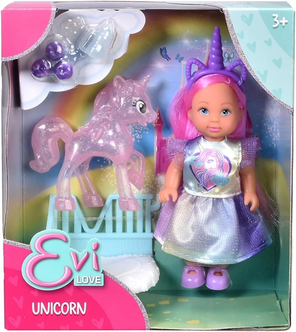 Simba Evi Love Unicorn Play Doll con un lindo vestido de unicornio con diadema a juego, que incluye un unicornio con establo, manzanas y una botella para beber, 12 cm, mayores de 3 años