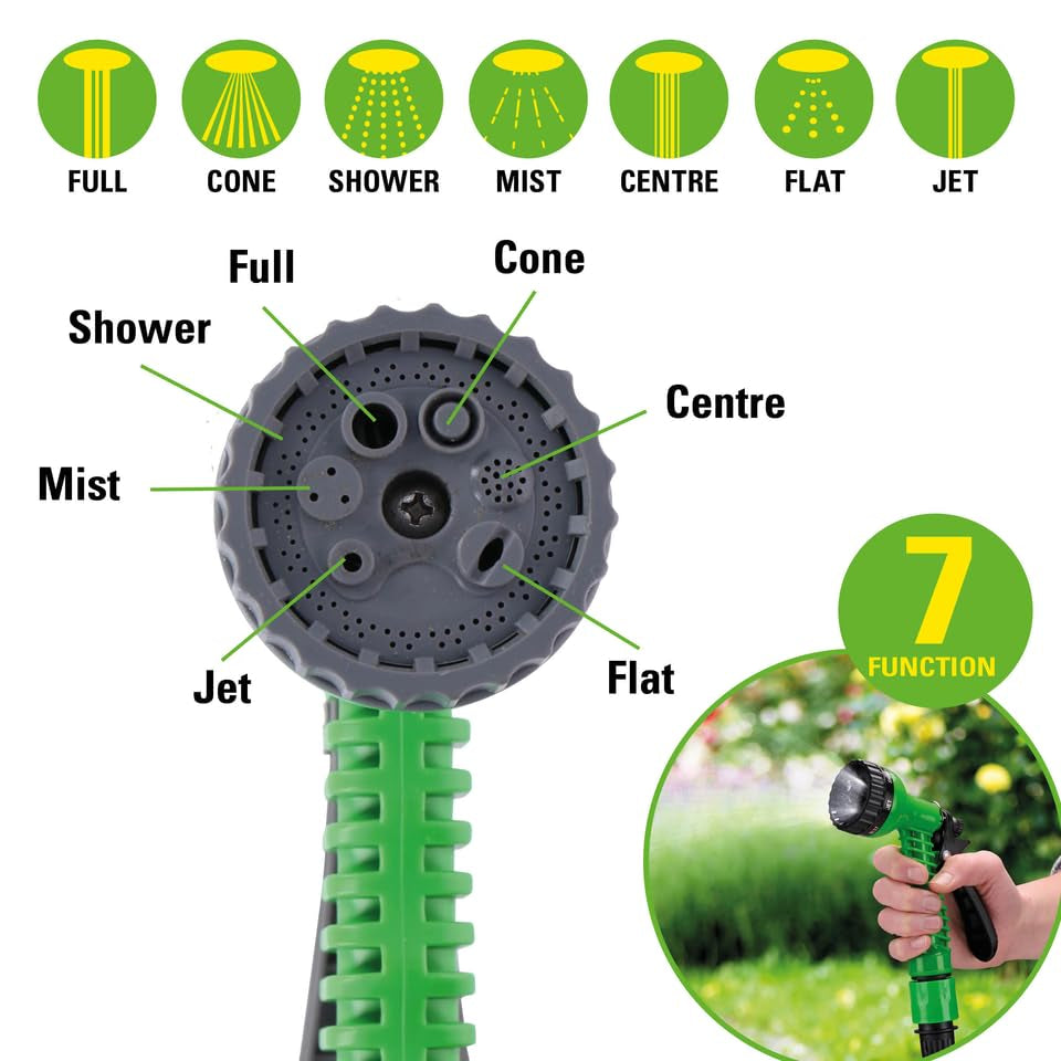 Manguera de jardín flexible Kinzo 20 m - incl. Accesorio para manguera - Manguera flexible con cabezal rociador con 7 posiciones de rociado - Plástico - Verde/Gris