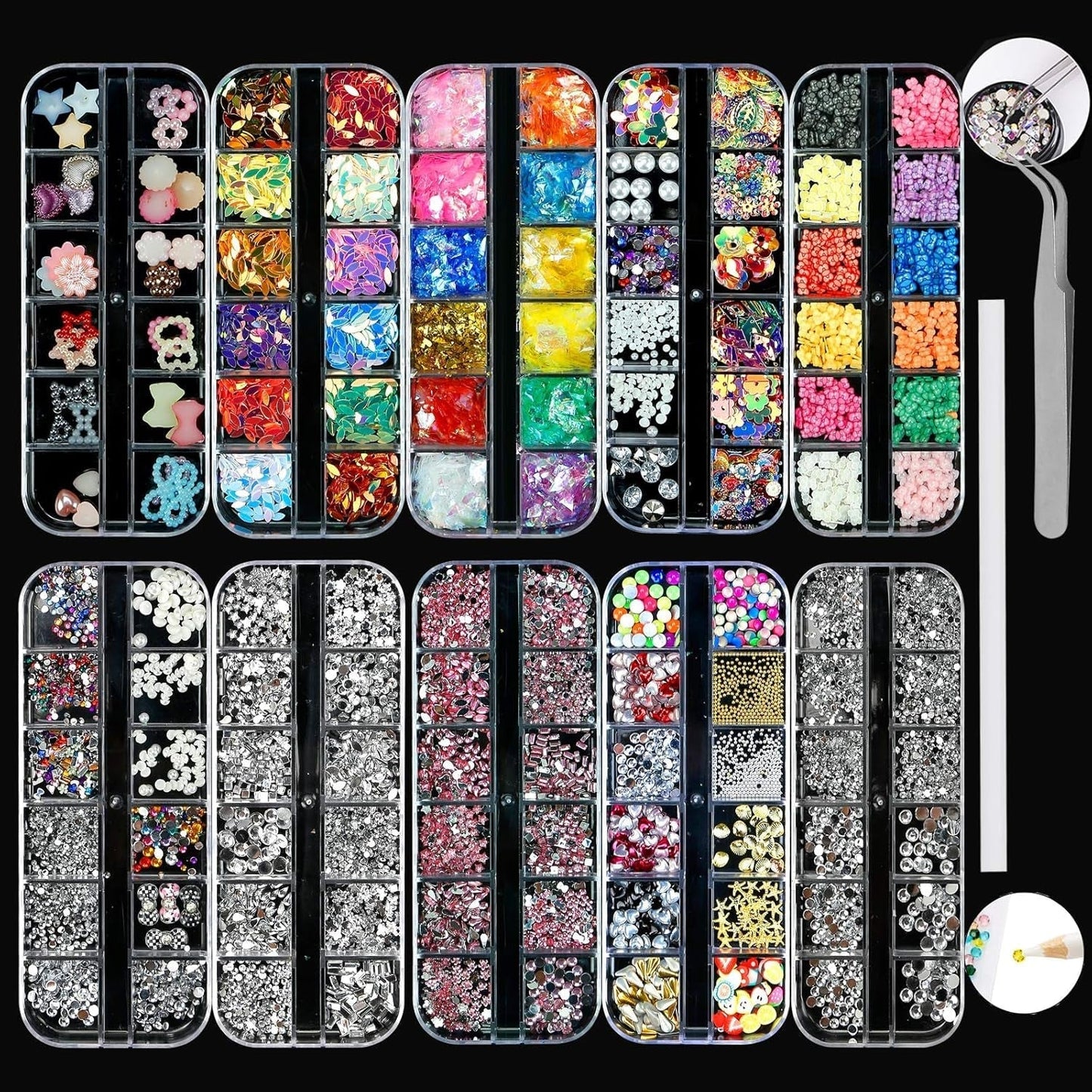 Kit de 10 cajas de diamantes de imitación para uñas, accesorios multifuncionales con 1 pinza, diamantes decorativos, cristales, perlas, gemas, coloridos, mixtos, ojos de caballo, piedras metálicas, para decoración de uñas DIY