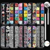 Kit de 10 cajas de diamantes de imitación para uñas, accesorios multifuncionales con 1 pinza, diamantes decorativos, cristales, perlas, gemas, coloridos, mixtos, ojos de caballo, piedras metálicas, para decoración de uñas DIY