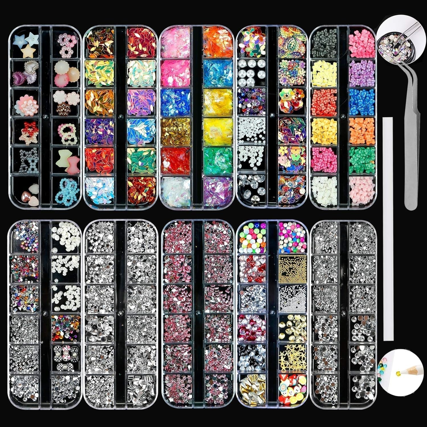 Kit de 10 cajas de diamantes de imitación para uñas, accesorios multifuncionales con 1 pinza, diamantes decorativos, cristales, perlas, gemas, coloridos, mixtos, ojos de caballo, piedras metálicas, para decoración de uñas DIY
