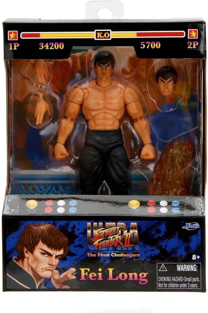 Jada Toys Figura de Street Fighter Guile (15 cm) - Street Fighter 2: The Final Challengers Figura de acción móvil coleccionable con cabeza, manos y accesorios alternativos, figuras de acción para mayores de 13 años Naty Shop Fei-Long