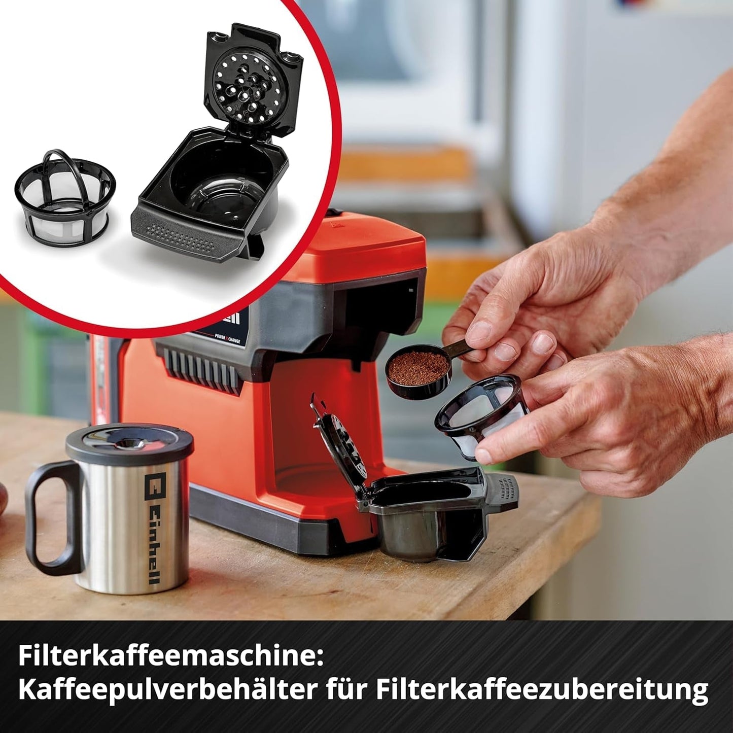 Cafetera espresso inalámbrica Einhell TE-CF 18 Li-Solo Power X-Change (18 V, depósito de agua de 240 ml, para café filtrado y cápsulas de café, asa de transporte, incl. taza de café con tapa, sin batería)