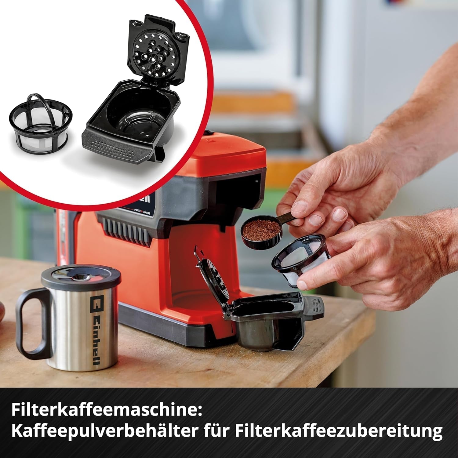 Cafetera espresso inalámbrica Einhell TE-CF 18 Li-Solo Power X-Change (18 V, depósito de agua de 240 ml, para café filtrado y cápsulas de café, asa de transporte, incl. taza de café con tapa, sin batería)