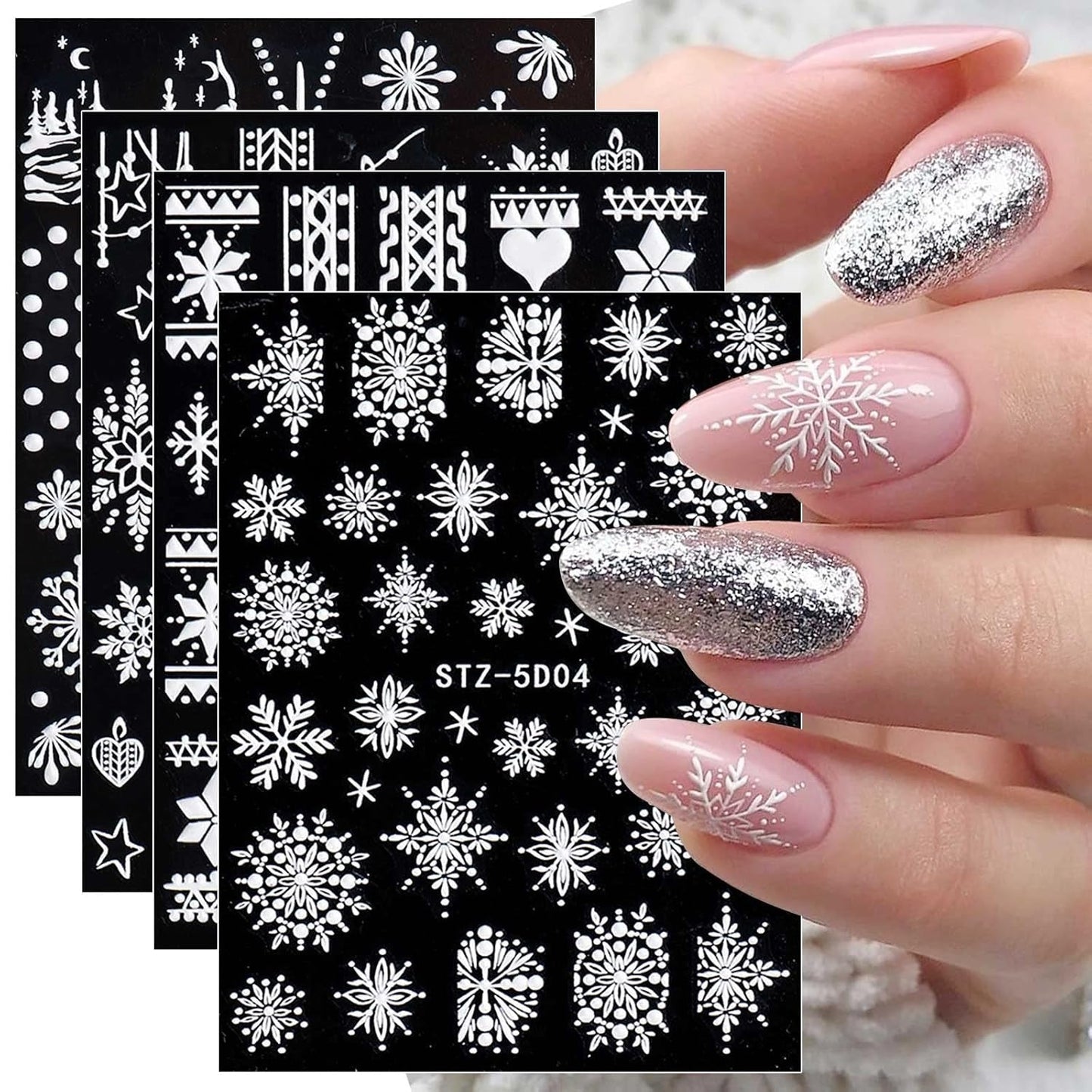 4 Blatt 3D Nagelsticker Weihnachten Nagelaufkleber Navidad 5D Stereoskopisch Selbstklebend Schneeflocke Schneemann Nail Art Sticker Dekoration Nageldesign Zubehör