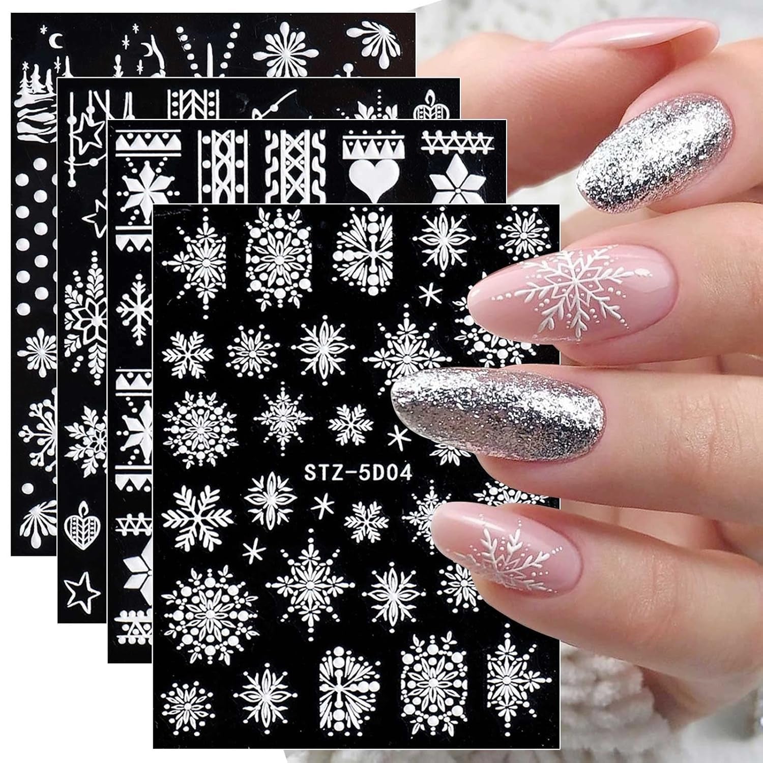 4 Blatt 3D Nagelsticker Weihnachten Nagelaufkleber Navidad 5D Stereoskopisch Selbstklebend Schneeflocke Schneemann Nail Art Sticker Dekoration Nageldesign Zubehör
