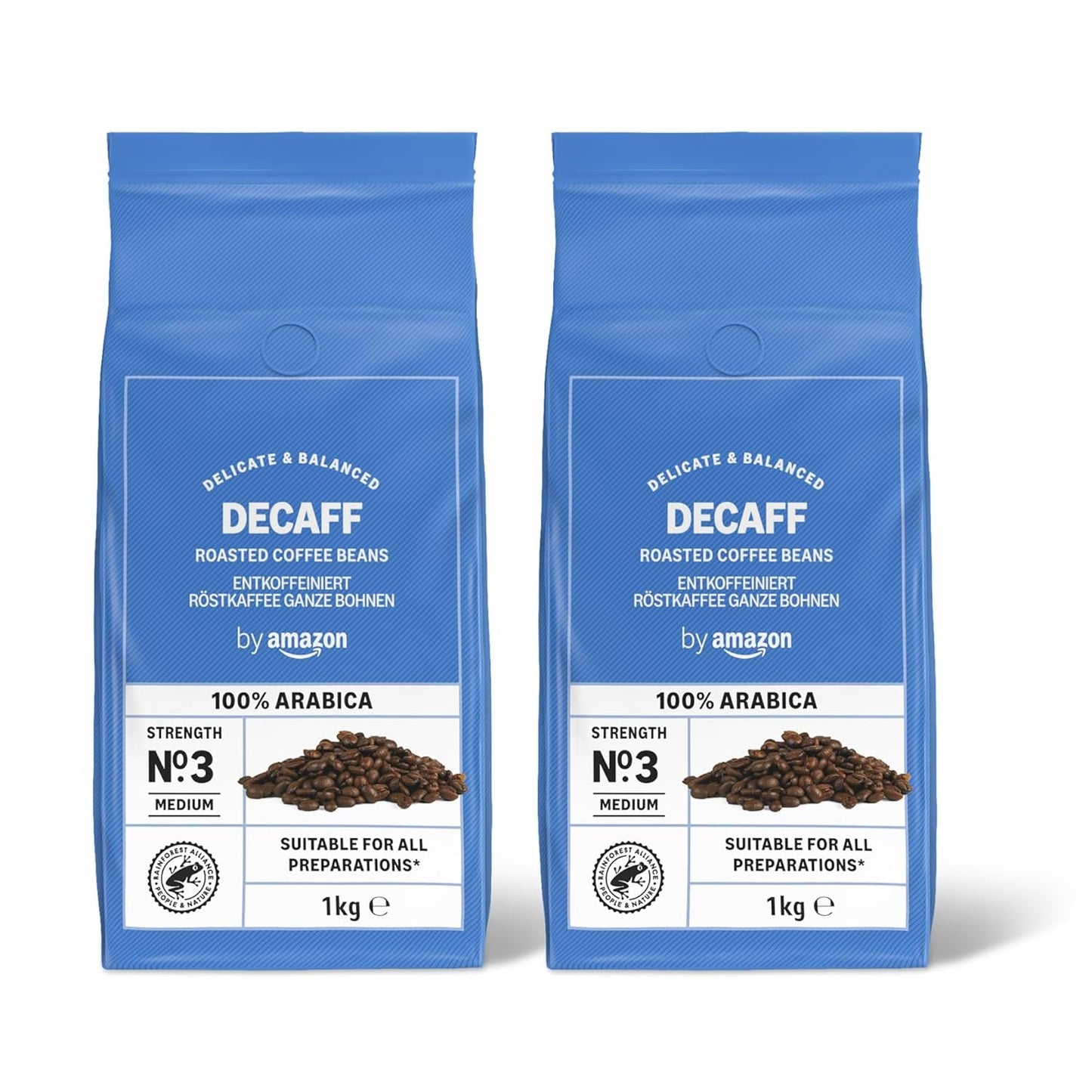 de Amazon Kaffeebohnen, entkoffeiniert, Lichte Röstung, 2 kg (2 Packungen mit 1 kg), certificado Rainforest Alliance
