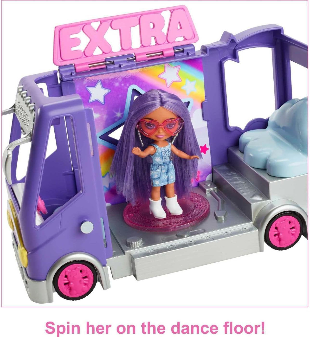 Muñeca Barbie Extra Mini Minis, muñeca Extra Mini Minis con furgoneta de gira con purpurina extra, incluye estación de maquillaje y accesorios para espectáculos, regalo para niños, juguete para edades de 3 años en adelante, HKF84
