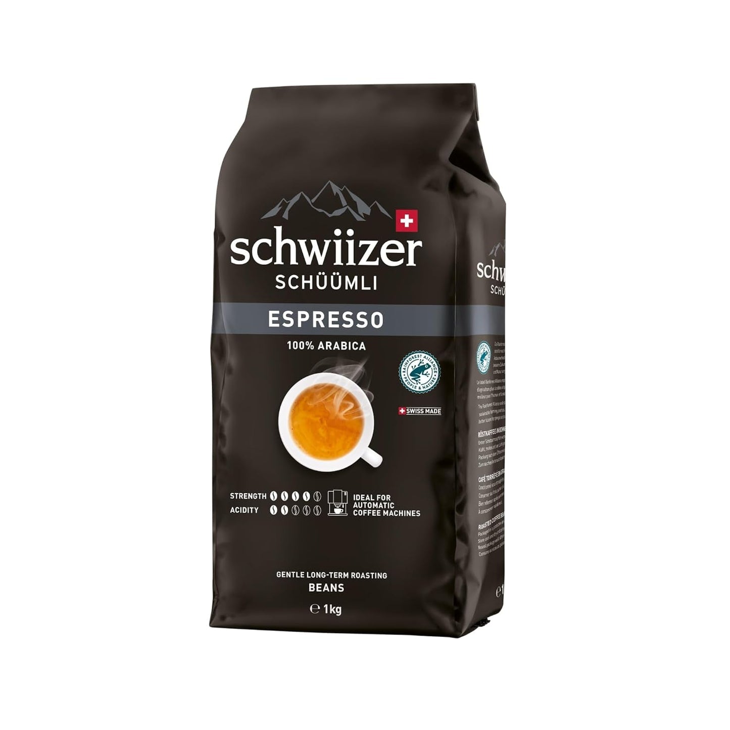 Schwiizer Schüümli Espresso, café en grano 100% Arábica, fuerte e intenso, ideal para cafeteras espresso automáticas, concentración 4/5, tueste medio, Rainforest Alliance, 1kg