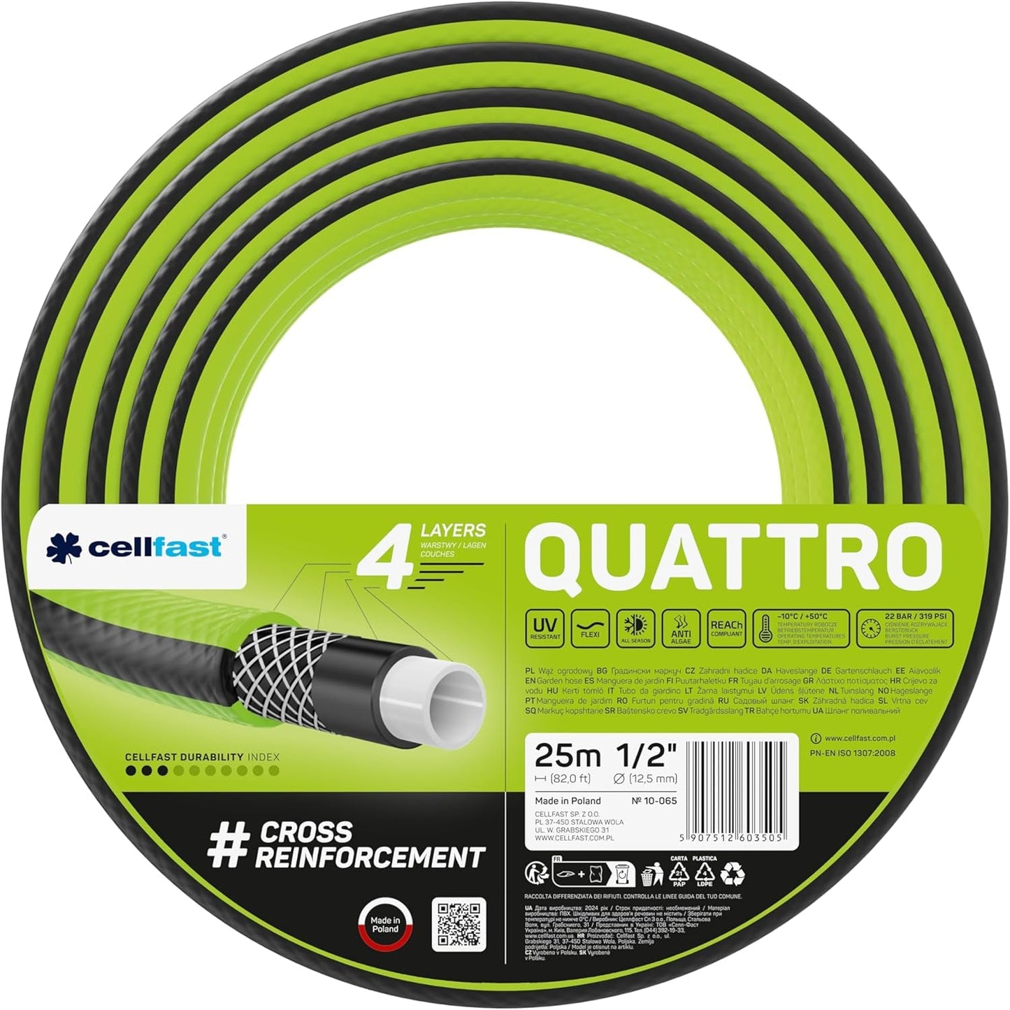 Cellfast QUATTRO Manguera de jardín Durable Liviana 4 capas Manguera de alambre resistente a los rayos UV Trenza cruzada 20 bar 3/4" 15 m 10-074