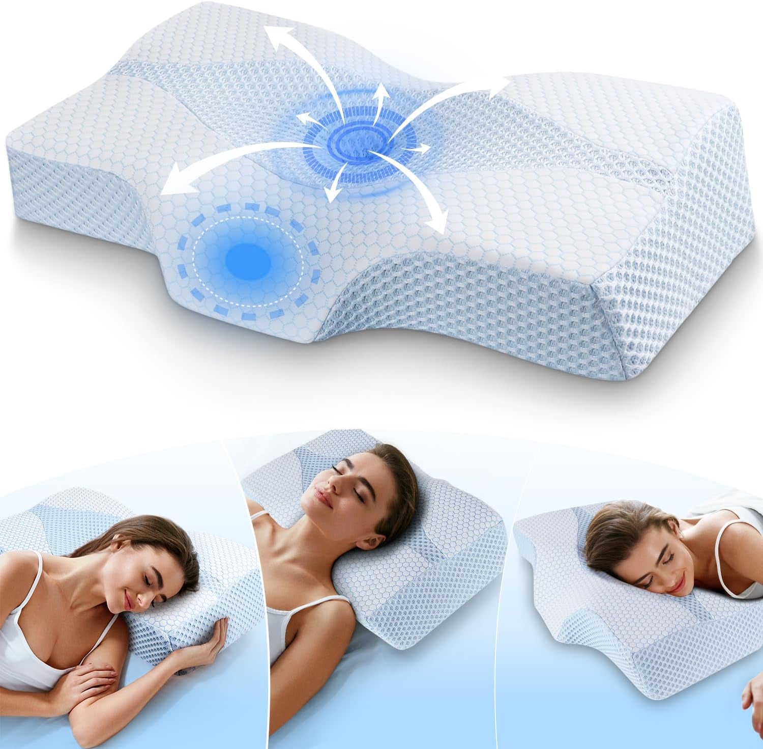 Almohada para el cuello de espuma viscoelástica Almohada ortopédica ergonómica para el dolor de cuello y hombros - Almohada refrescante para dormir de lado, boca arriba y boca abajo con soporte para el cuello Almohadas ortopédicas cervicales Naty Shop 01-Blau (63,5 cm * 40,6 cm * 10,7/13,2 cm) Blau Weiss (63,5 cm * 40,6 cm * 10,7/13,2 cm)
