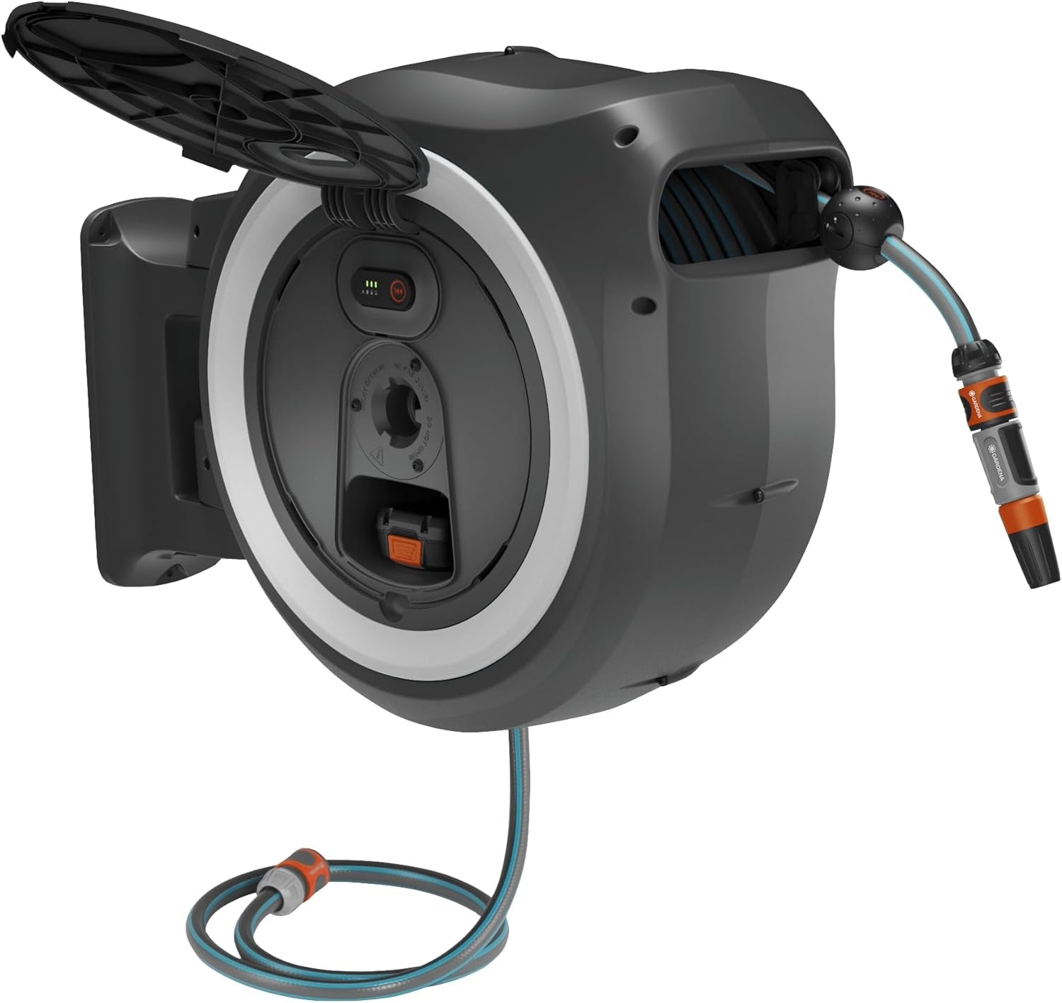 Gardena PowerRoll XXL Solo Caja de manguera de pared inalámbrica: Enrollador de manguera automático con manguera de jardín de 40 m, guía de manguera y RollControl, funciona con pilas, resistente a los rayos UV y a las heladas (18647-55)