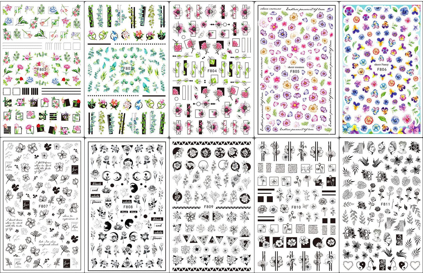 JMEOWIO Nagelsticker Frühling Blumen 10 Blätter Nagelaufkleber Selbstklebend Nail Art Dekoration Nageldesign Zubehör Für Frauen Mädchen