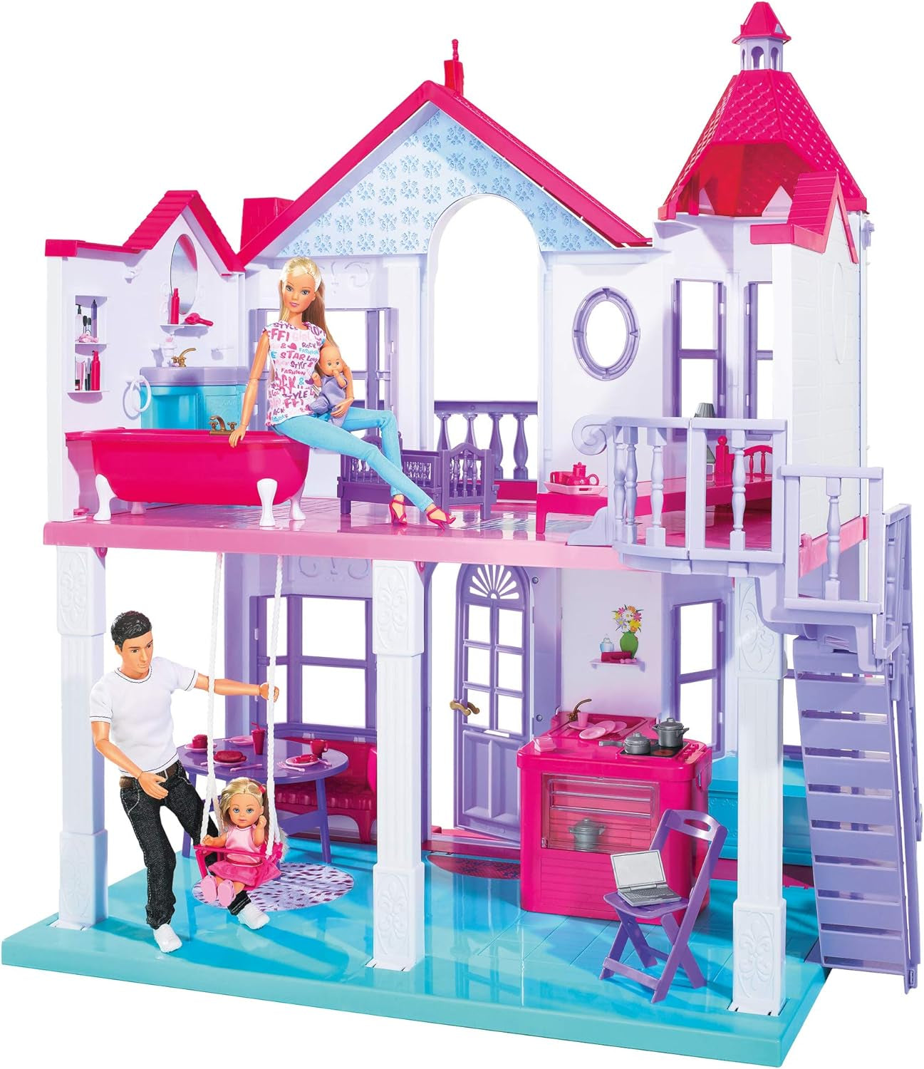 Simba 104661996 - Steffi Love Dreamhouse, Casa de juegos grande, 4 habitaciones, SIN TÍTERES, 84 cm de alto, dos niveles, campana que funciona, Naty Shop casas de muñecas plegables
