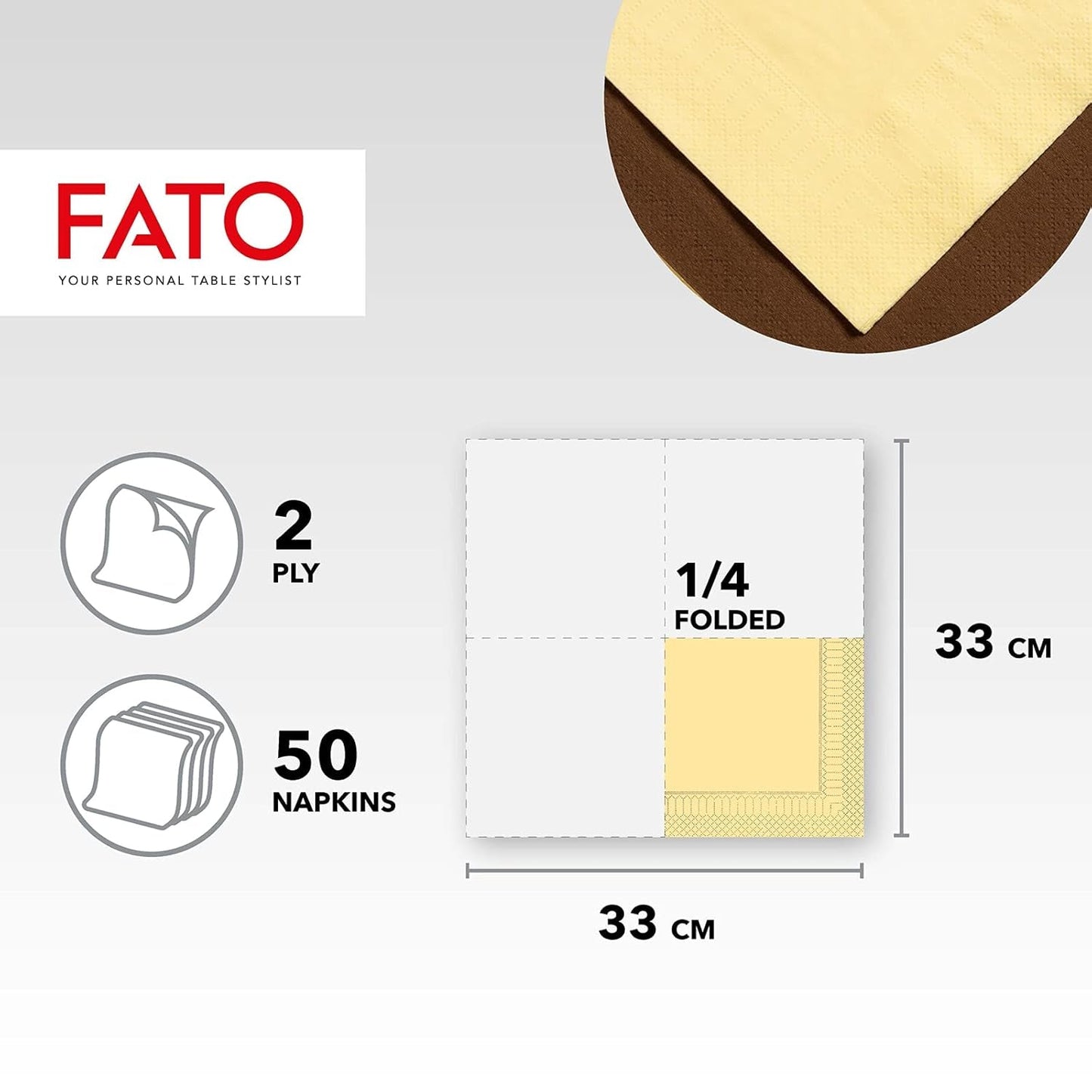Fato - Servilletas de Papel Desechables, Ideales para Almuerzos Informales y Buffets, Paquete de 50 Servilletas, Tamaño 33X33, 4 Pliegues, 2 Capas, Color Champán, Papel 100% Pura Celulosa, FSC