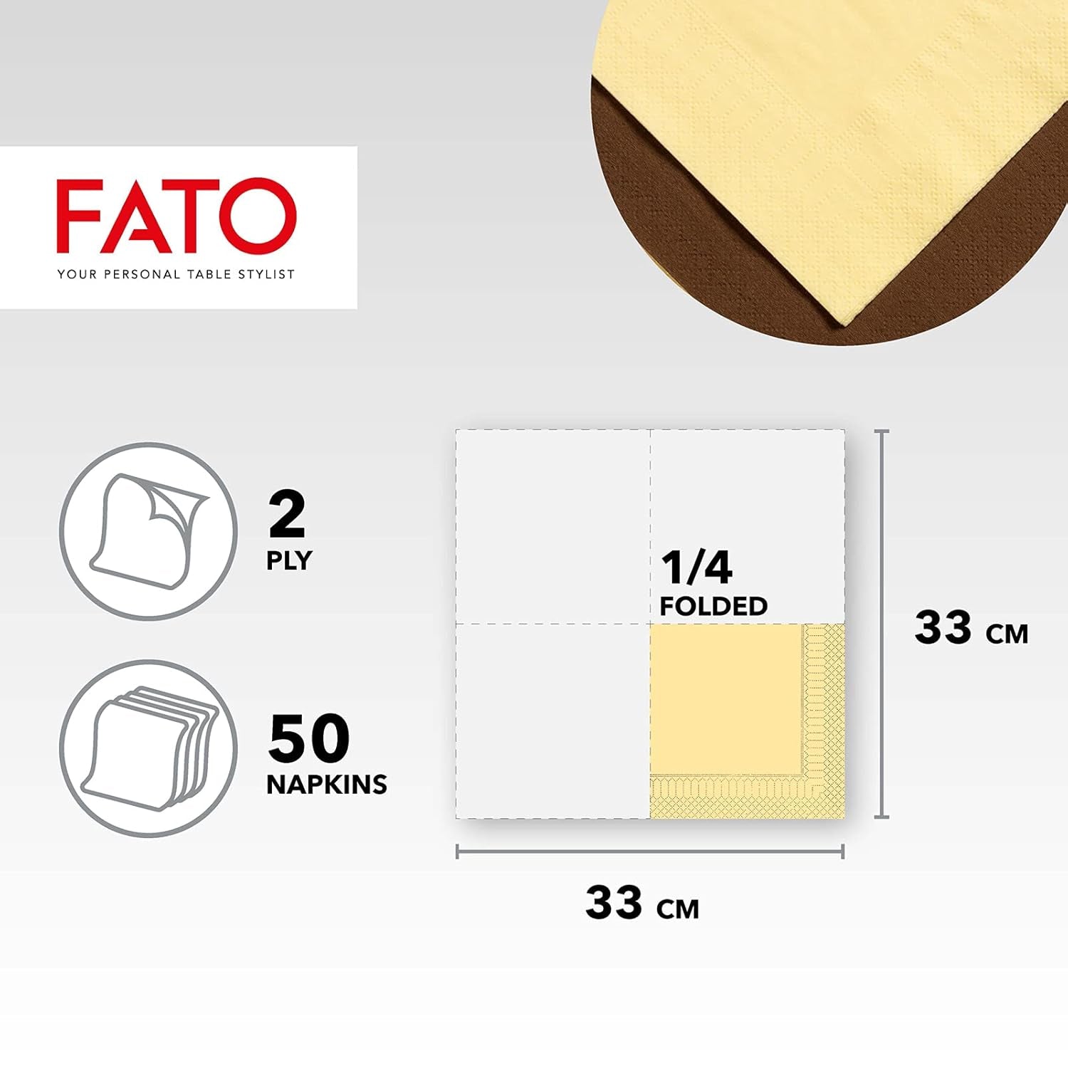 Fato - Servilletas de Papel Desechables, Ideales para Almuerzos Informales y Buffets, Paquete de 50 Servilletas, Tamaño 33X33, 4 Pliegues, 2 Capas, Color Champán, Papel 100% Pura Celulosa, FSC