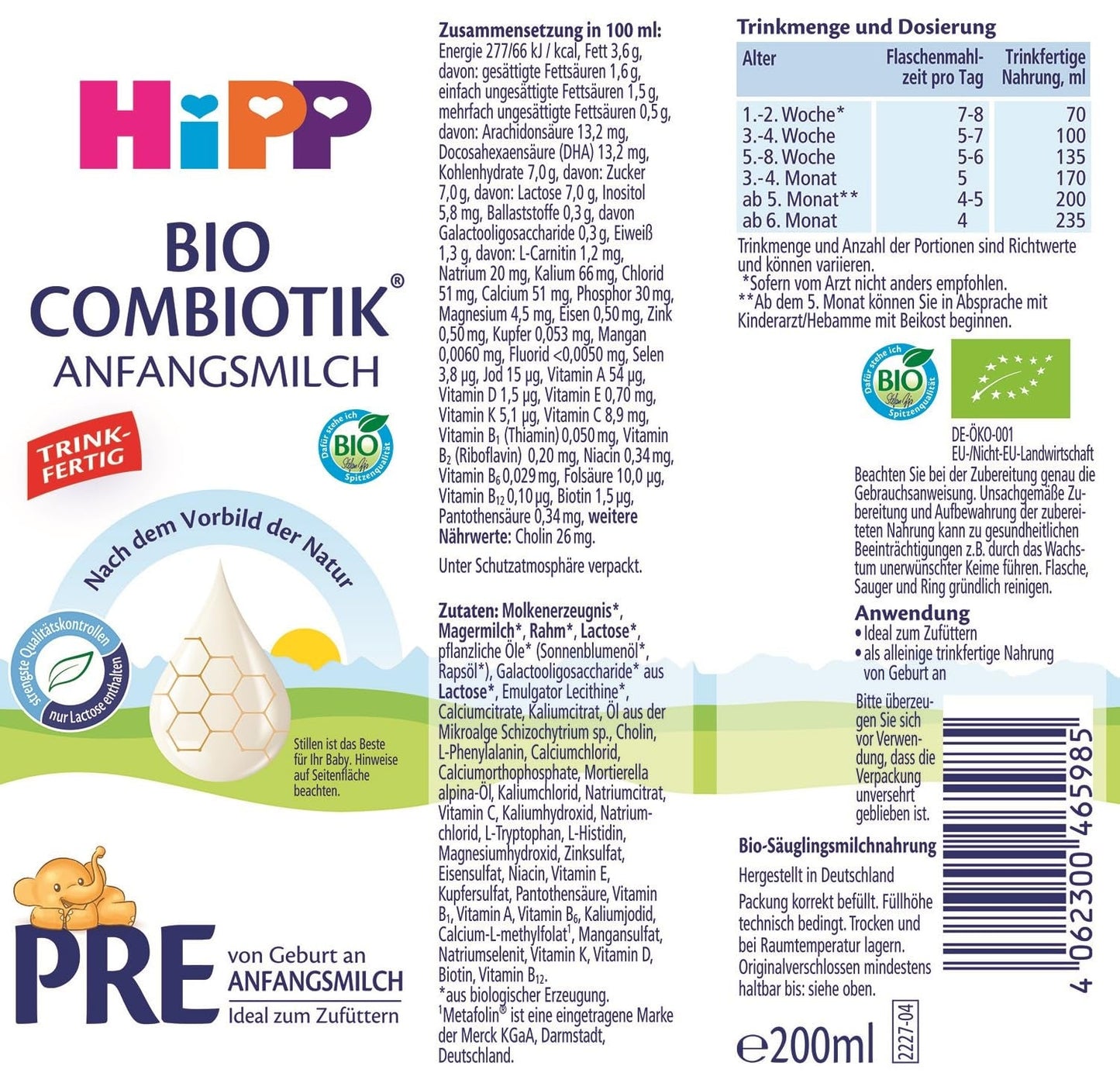 HiPP PRE Fórmula Combiótica Orgánica Lista para Beber (6 x 200ml) Leche Infantil Desde el Nacimiento Solo Contiene Lactosa como Carbohidrato Mejor Orgánico