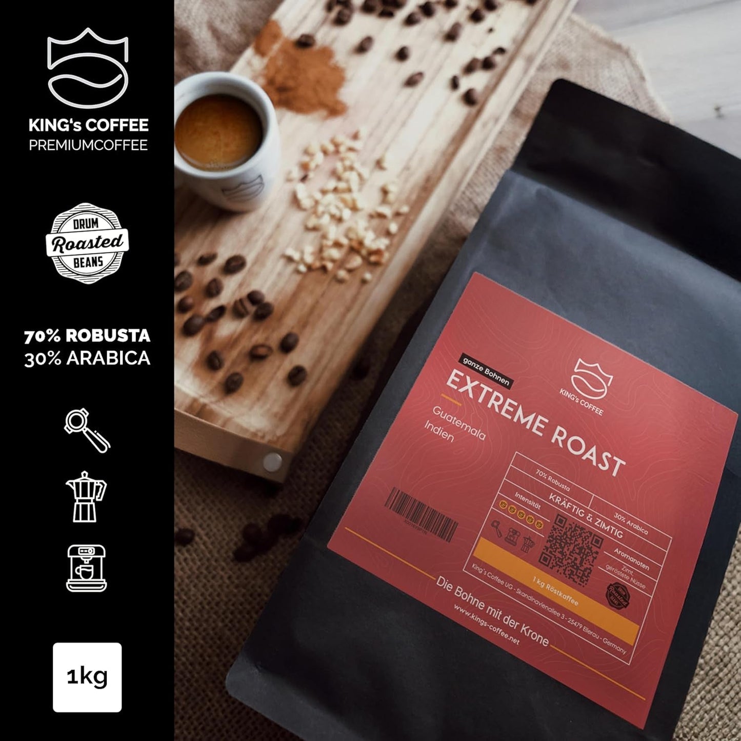KING'S COFFEE - TOSTADO EXTREMO - Granos de espresso Intenso - acidez muy baja - tostado en pequeños lotes procedente de Italia - granos de café para máquinas totalmente automáticas y portafiltros - 1 kg
